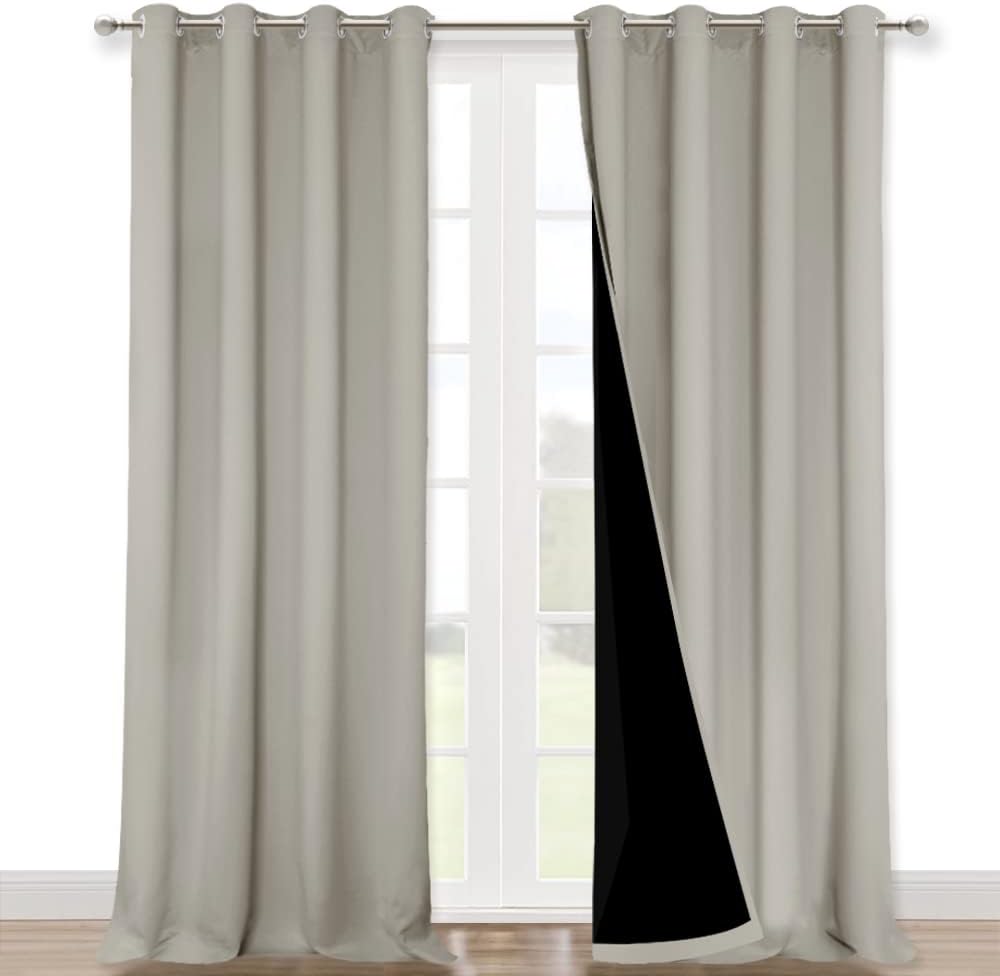 Nicetown Natural 100% Blackout Curtains for Windows, Pack of 2, 52 inches W x 102 inches L, Super Heavy-Duty Black Lined Total Darkness Dra…