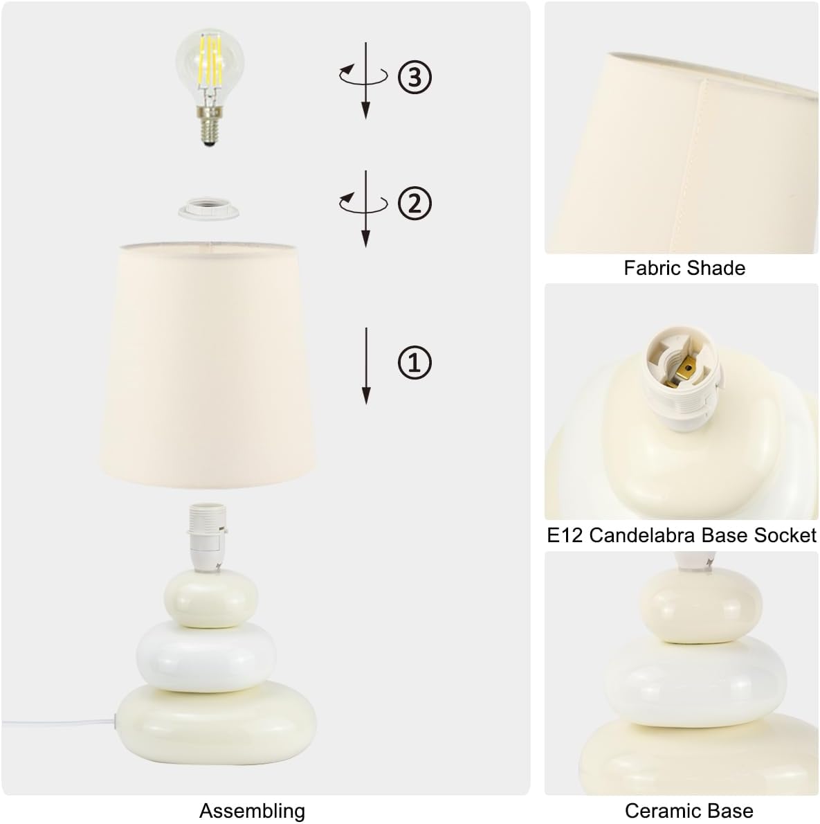 LULE Cream Small Table Lamp for Living Room as Bedside Table Lamp for Bedroom, Modern Ceramic Kids Night Table Lamp, Φ6.5×H12.2IN, Bulb…