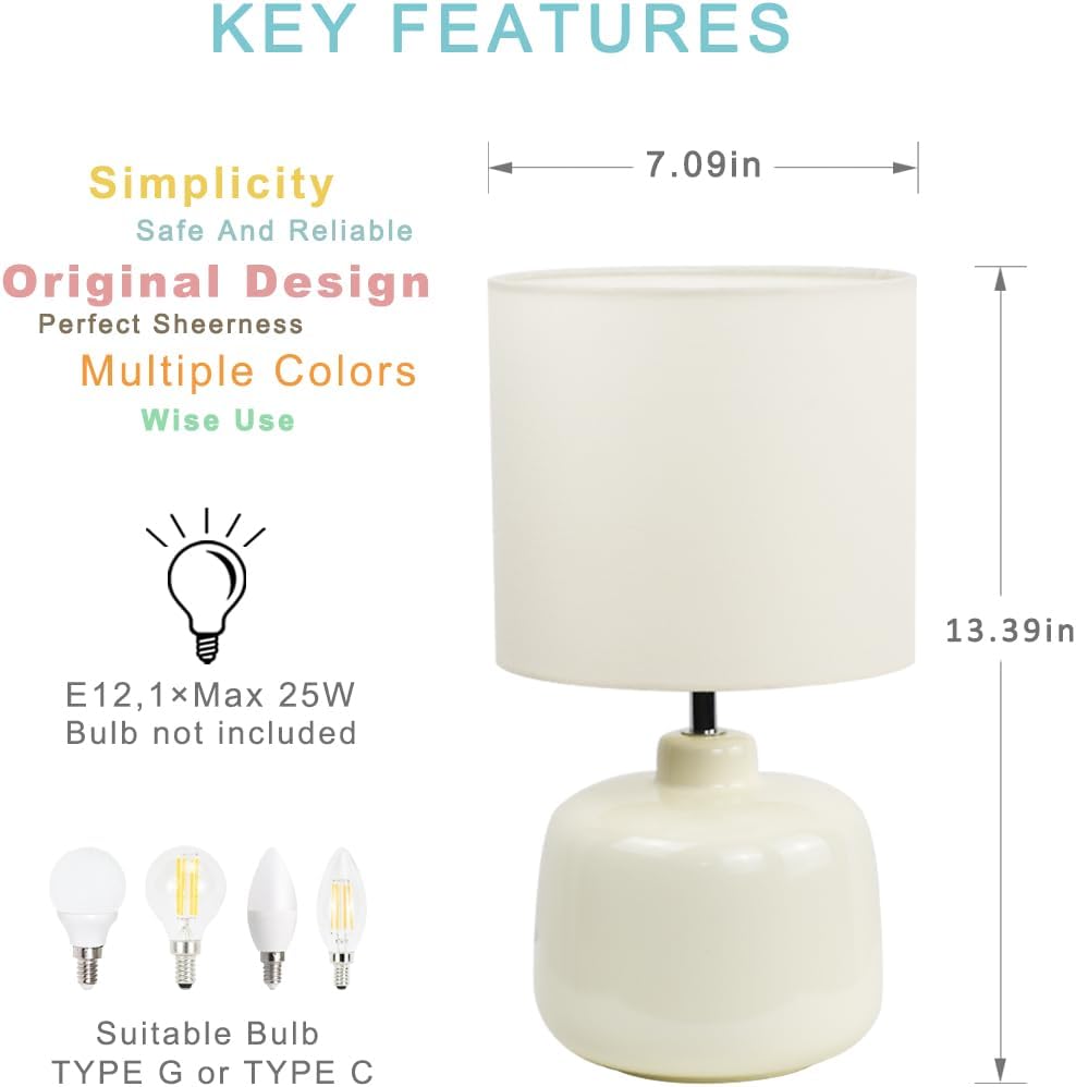 LAMPWELLOSLO Small Ceramic Table Lamp for Living Room and Bedroom, Modern Kids Night Table Lamp, Φ7.09×H13.39IN, Bulb Excluded, Cream