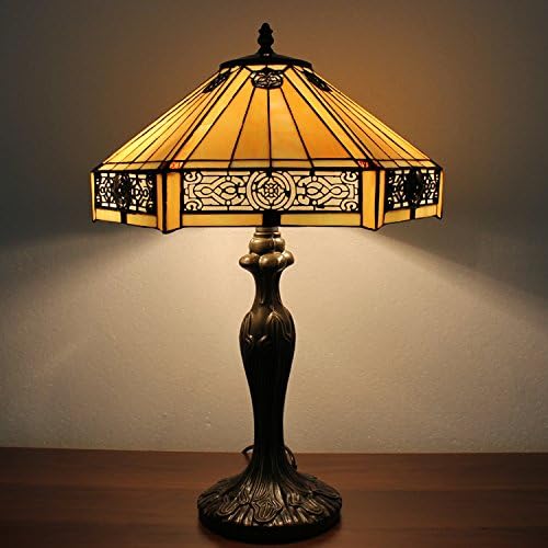 WERFACTORY Tiffany Table Lamp Yellow Hexagon Stained Glass Bedside Lamp Mission 16X16X24 Inches Desk Reading Light Metal Base Decor…