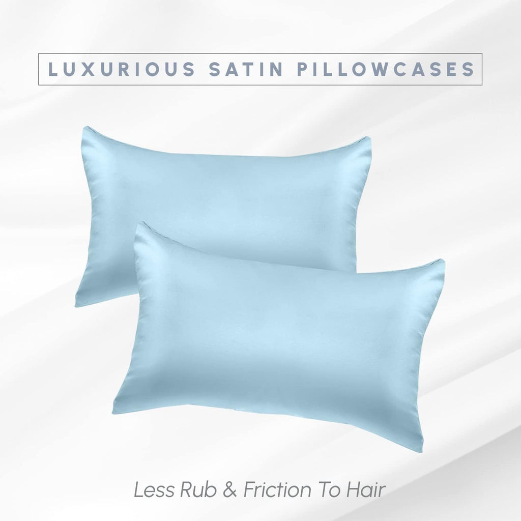 Elegantcomfort Elegant Comfort 2-Pack King Size Baby Blue Satin Pillowcase Set with Hidden Zipper Closure, 20" x 40" Blue