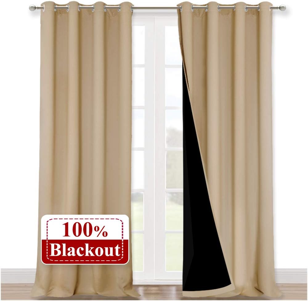 Nicetown Thermal Insulated 100% Blackout Curtains, Biscotti Beige, 1 Pair, 52 inches x 102 inches, Sound Proof Drapes with Black Backing, F…