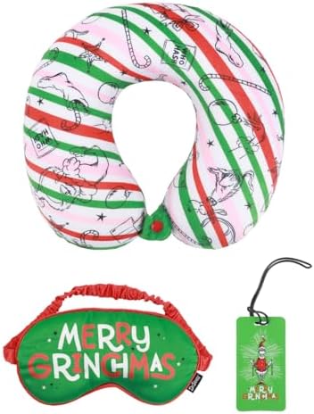 Bioworld The Grinch Merry Grinchmas 3-Piece Memory Foam Neck Pillow Eye Mask & Luggage Tag Set