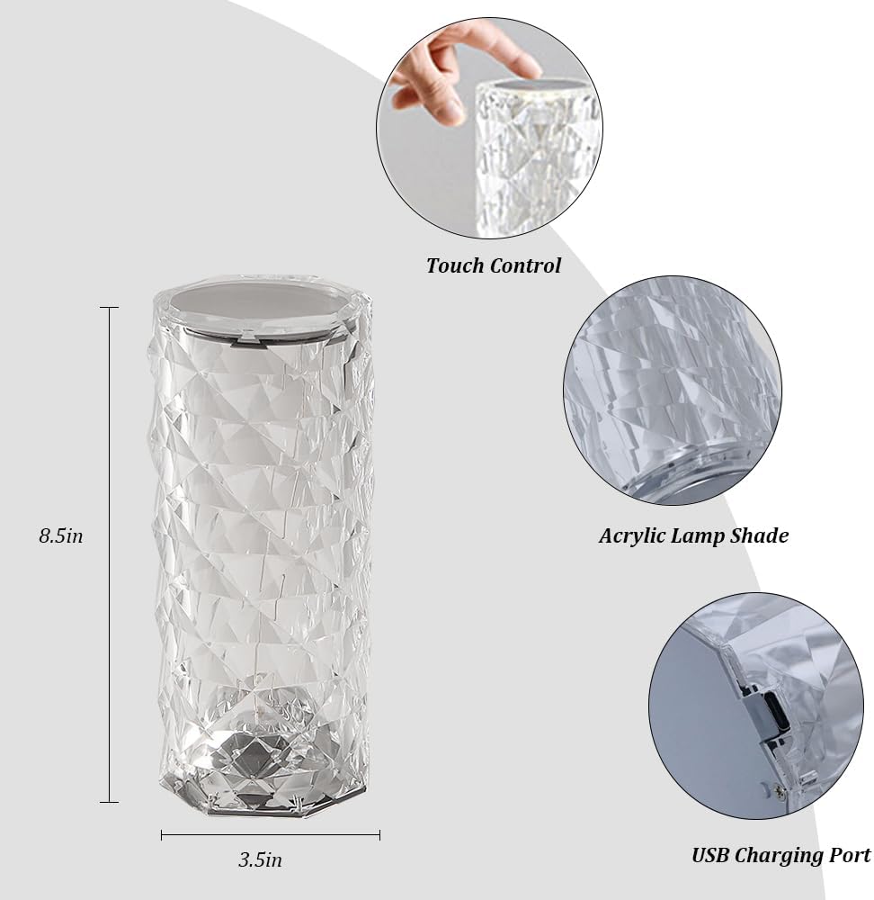 Portable Crystal Table Lamp,3 Color Touch Control Rechargeable Lamp, Crystal Bedside Lamp, Night Light, Room Decor Desk Lamp, Bedroom, Living…
