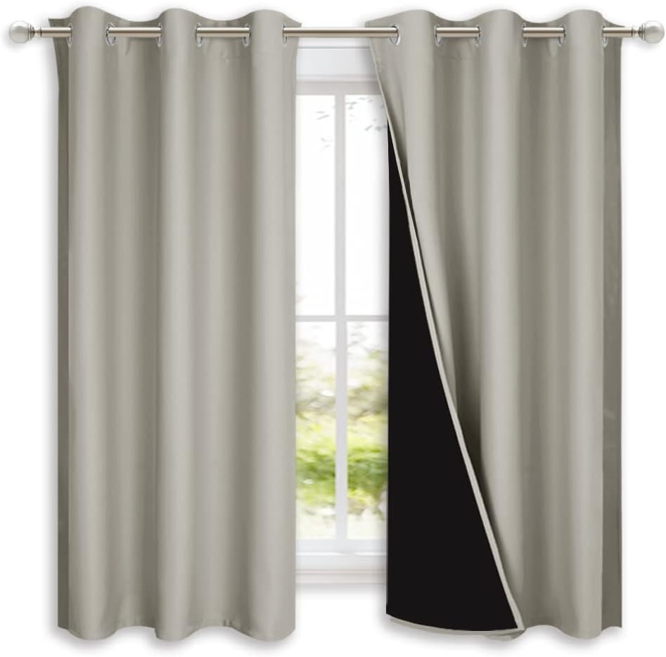 Nicetown Natural 100% Blackout Lined Curtains, 2 Thick Layers Completely Blackout Window Treatment Panels Thermal Insulated Drapes for Kitc…