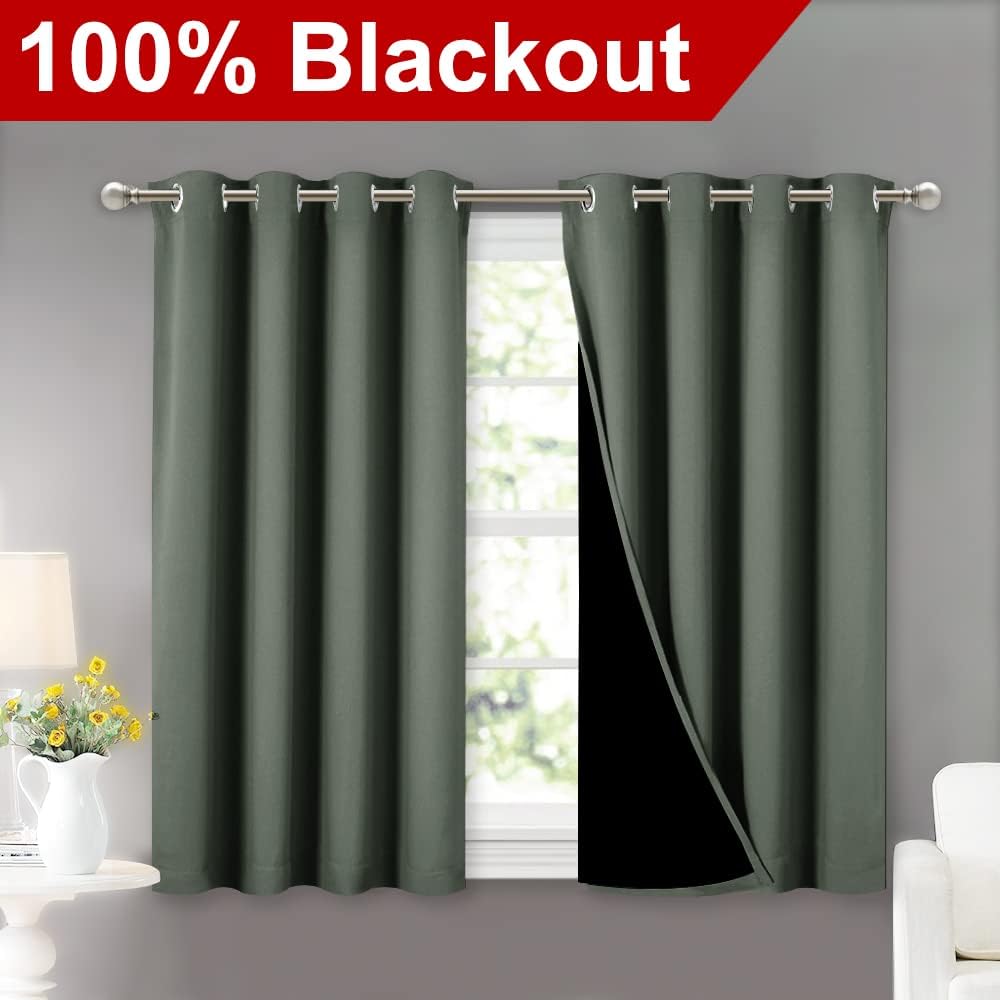 Nicetown Dark Mallard 100% Blackout Curtains 45 inches Long, 2 Thick Layers Completely Blackout Window Treatment Thermal Insulated Lined Dr…