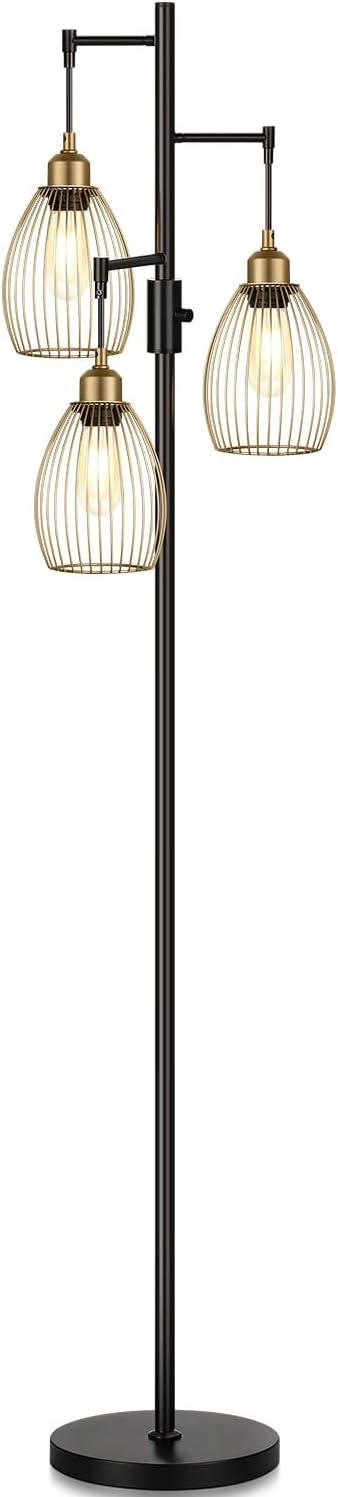 Dimmable Floor Lamp, Industrial Floor Lamps for Living Room, Gold and Black Tree Lamp Standing Lamp Tall Lamps with 3 Elegant Teardrop…