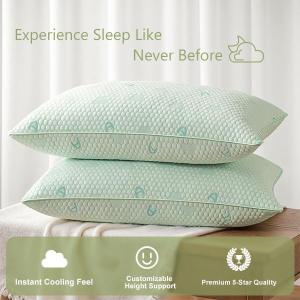 Accuratex Cooling Memory Foam Pillows for Sleeping Standard Size Set of 2, Adjustable Fluffy Pillows with Removable Cover, Cool Bed Pillow…