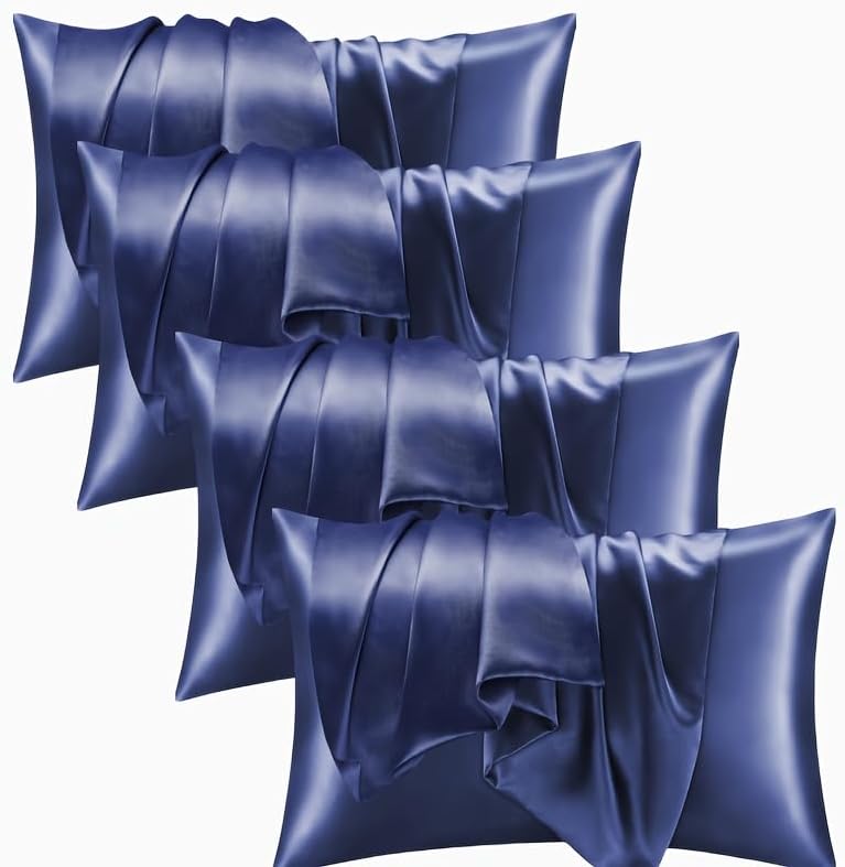 Satin Pillowcase Set of 4 -Silky Pillow Cases for Hair and Skin, Pillow Covers with Envelope Closure, Gifts for Women Men (4, Navy, Queen)