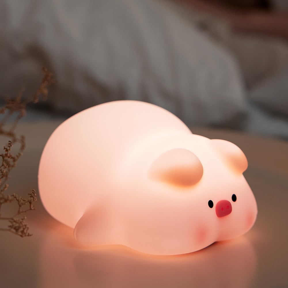 Cute Pig Night Light, 3 Level Dimmable Nursery Nightlight, Kawaii Lamps Squishy Silicone Rechargeable Touch Lamp, Best Gift for Kids…