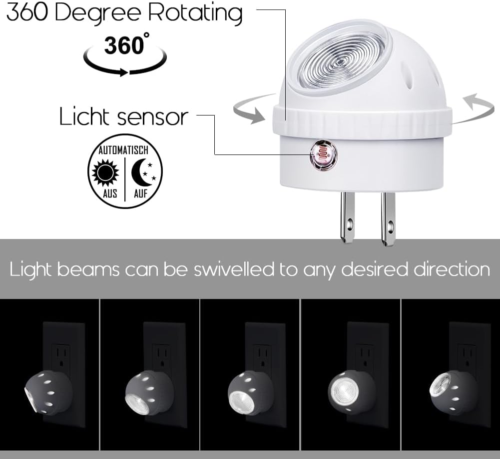 Emotionlite Plug-in Night Lights, Neutral White LED Nightlight, 360° Rotation, Dusk to Dawn Sensor, Kids, Adult, Bedroom, Hallway…