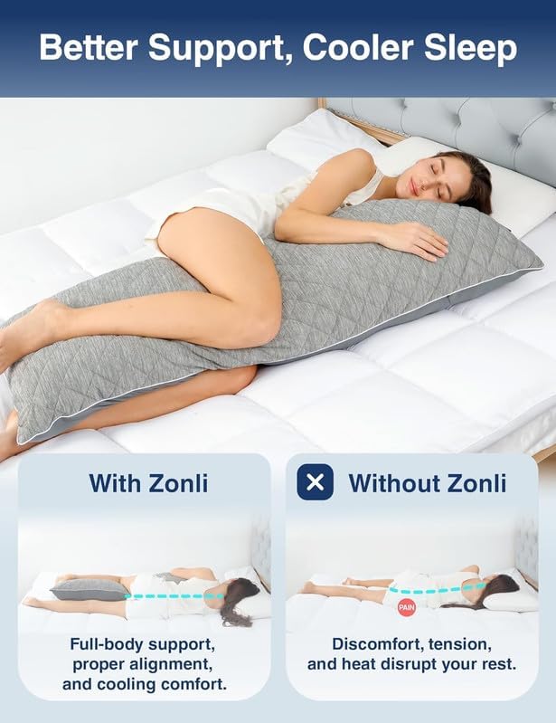 Zonli Cooling Body Pillow for Adults Side Sleeper & Pregnancy - Memory Foam Insert Long Body Pillow 20 x 54 Inch with Washable Pillowcase,…