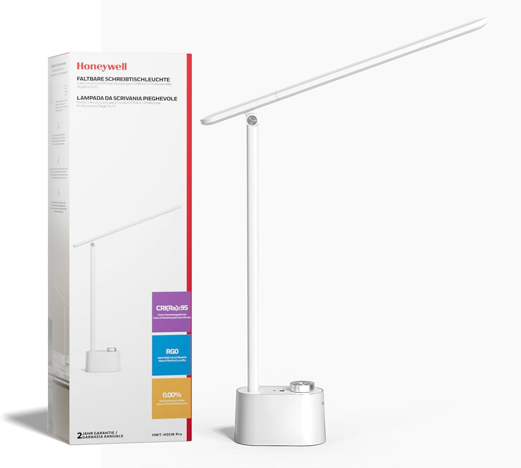 Honeywell Upgraded LED Desk Lamp - H01 Pro SunturaluxTM Foldable Desk Light with USB A+C Charging Port, 3 Color Modes Dimmable Table Lamp…
