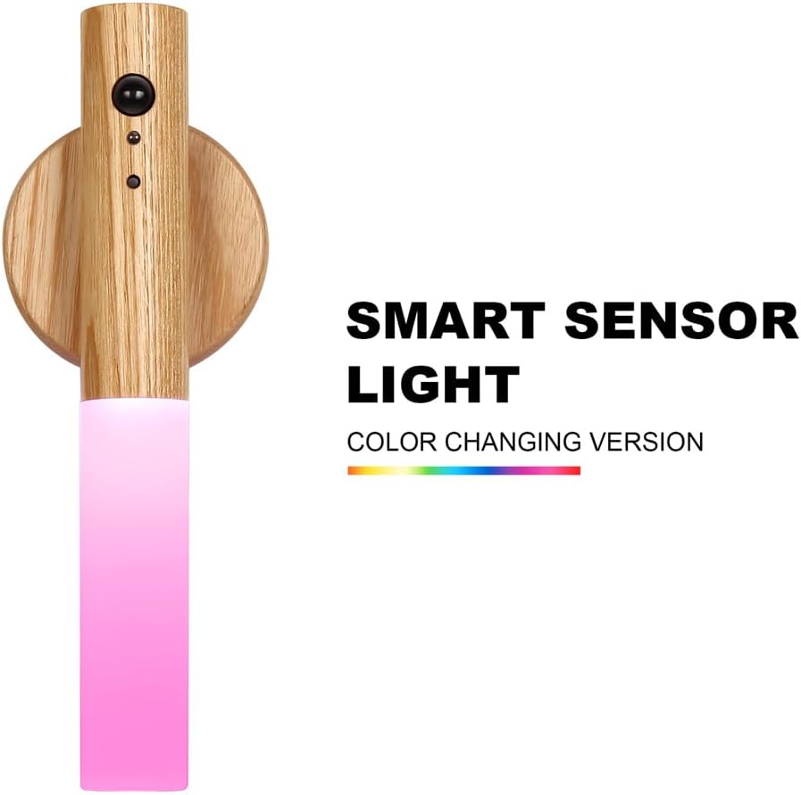 Landgoo Motion Sensor Night Light RGB & Touch Control | USB-C Rechargeable Ash Wood Wall Sconce | Bathroom/Bedroom Light for Hallway, Stair…