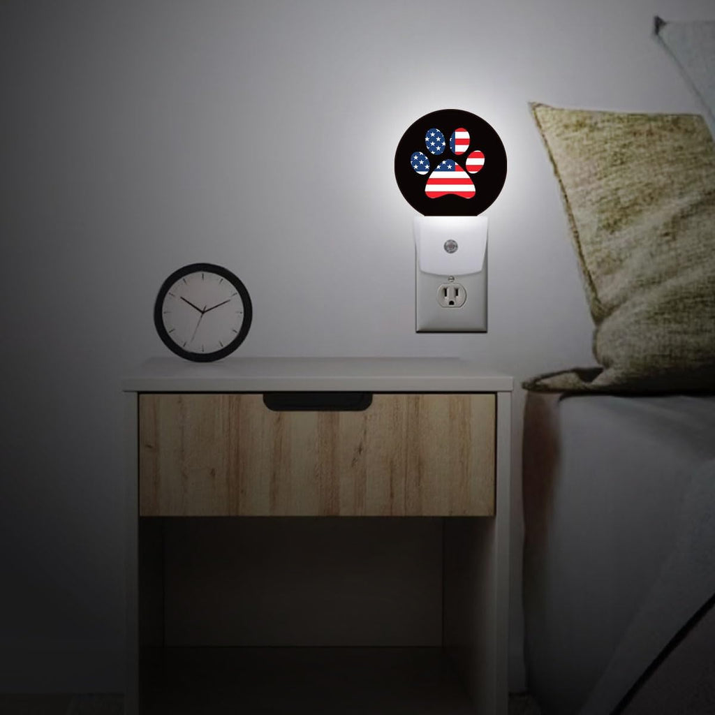 USA Flag Paw Plug in Night Light Auto Light Round Lamps Energy Saving Gift for Women Men Friends