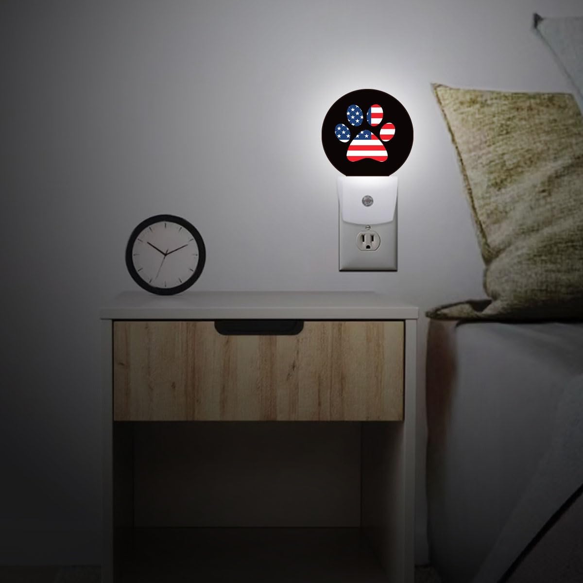 USA Flag Paw Plug in Night Light Auto Light Round Lamps Energy Saving Gift for Women Men Friends