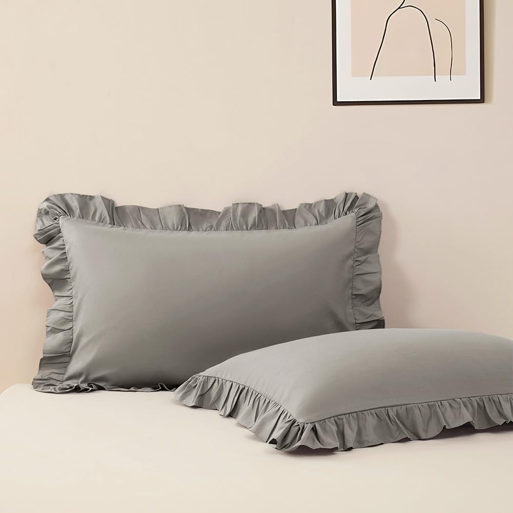 Sewdudely 2 Pack King Size Pillow Cases, 20x36 Microfiber Shams Dark Gray Ruffled, Soft Breathable Non-Shrinking Envelope Closure Cu…
