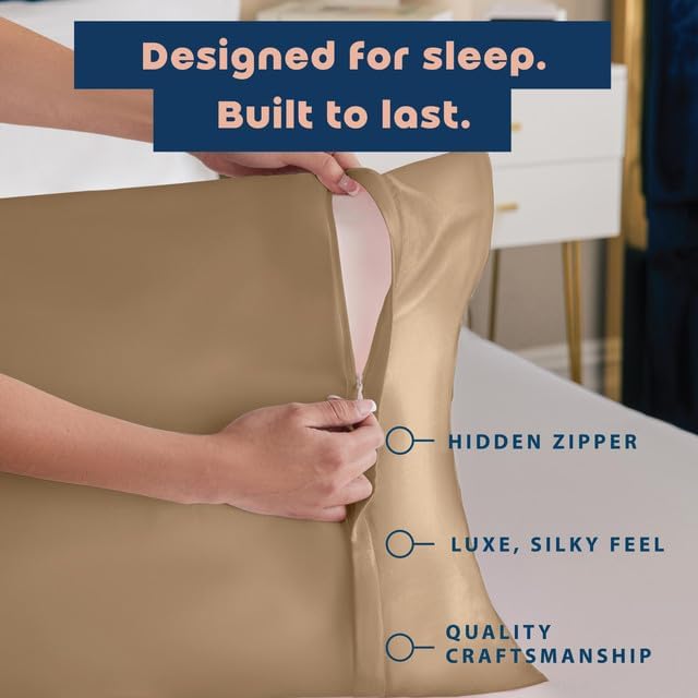 Blissford Satin Pillowcase with Zipper, for Hair and fabric comfort, Feels Soft and Cool Like a Silk Pillowcase, Beige Satin Pillow Cases…