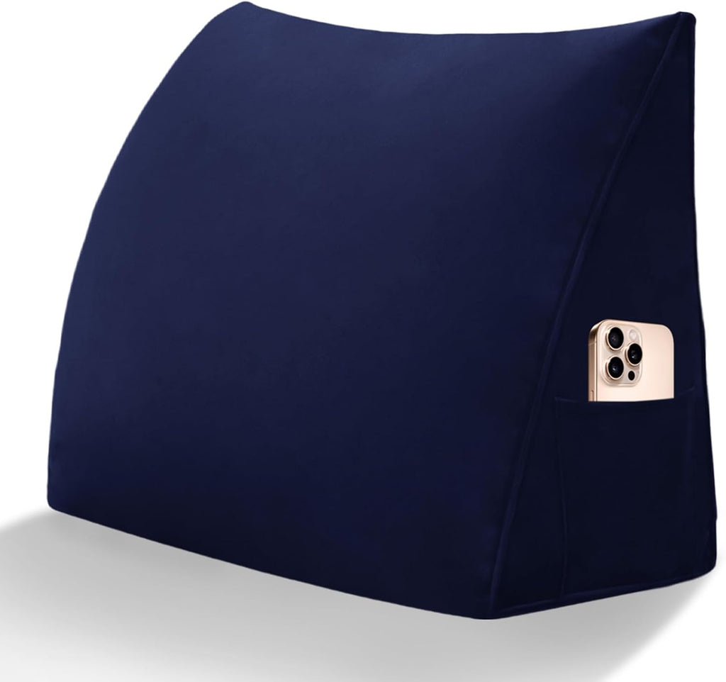 Wedge Headboard Pillow Reading Backrest Pillow for Sitting in Bed Sofa Dorm with Removable Cover Side Pockets Dutch Velvet Fabric Dark Blue