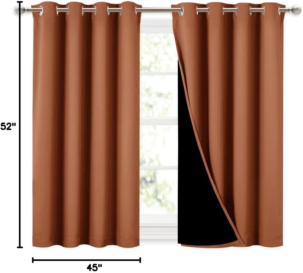 Nicetown Burnt Orange 100% Blackout Curtains 45 inches Long, 2 Thick Layers Completely Blackout Window Treatment Thermal Insulated Lined Dr…