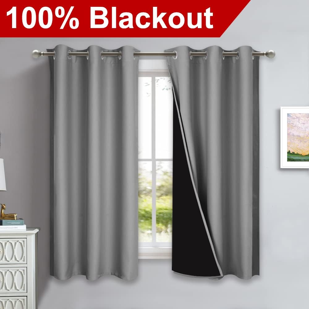 Nicetown 100% Blackout Curtains with Black Liners, Solid Thermal Insulated Full Blackout 2-Layer Lined Drapes, Energy Efficiency Window Dra…