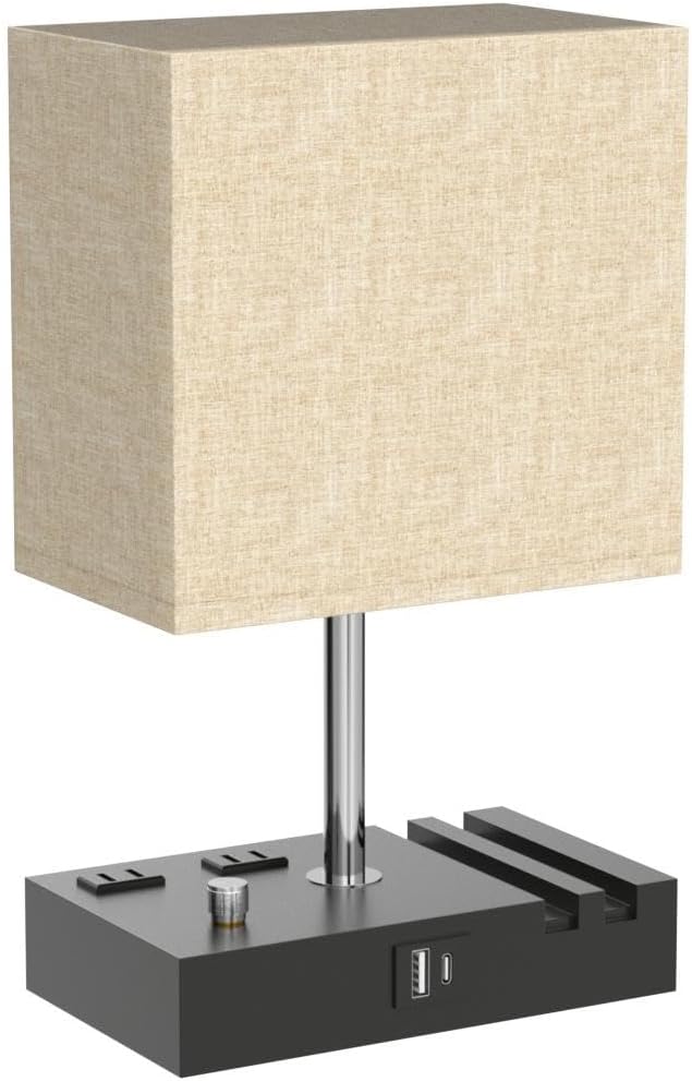 Kakanuo Table Lamp for Bedroom with Dual USB Ports, Beige Fully Dimmable Bedside Lamp with Phone Stands and 2 Charging Outlets, Desk Lamp…