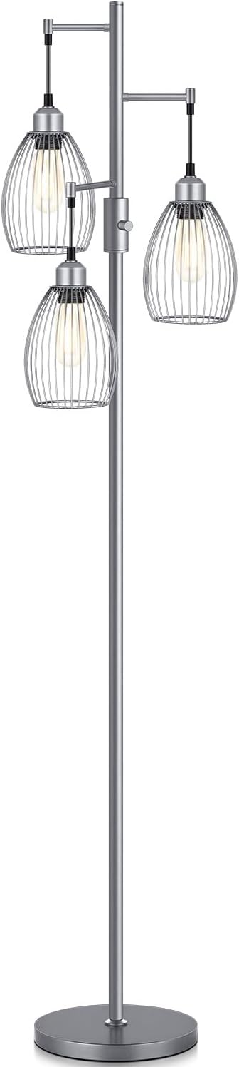 Torondo Dimmable Industrial Floor Lamps for Living Room, Gray Tree Standing Tall Lamps with 3 Elegant Teardrop Cage Head & 800 Lumens LED…