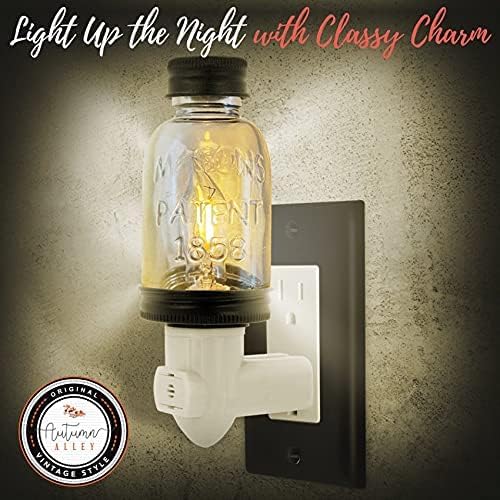 Autumn Alley Rustic Mini Mason Jar Night Light in Bronze | Auto On/Off Sensor | Plug in Farmhouse Wall Decor | Cute Country Night Light |…