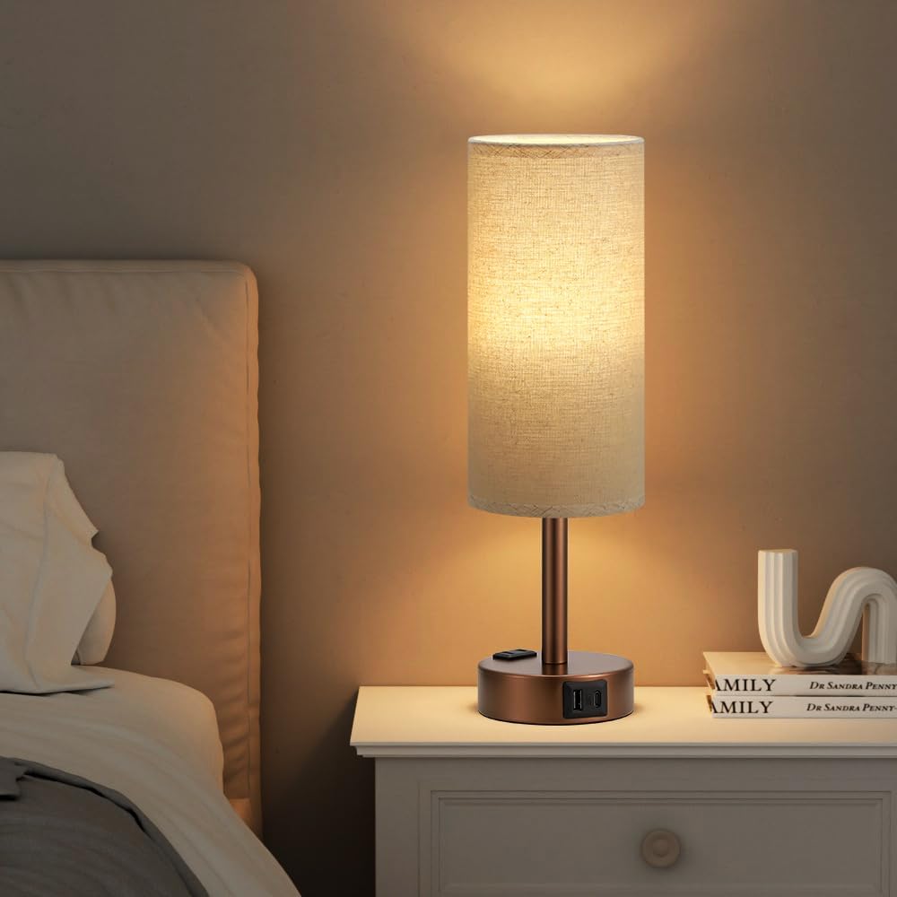 Fenmzee Brown Bedside Table Lamp for Bedroom - 3 Way Dimmable Touch Lamp USB C Charging Ports and AC Outlet, Small Lamp Round Flaxen…