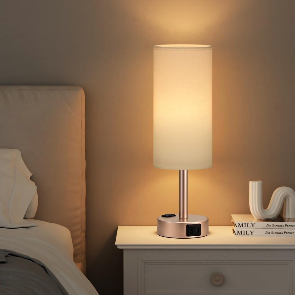 Antique White Bedside Table Lamp for Bedroom - 3 Way Dimmable Touch Lamp USB C Charging Ports and AC Outlet, Small Lamp Gold Base Round…