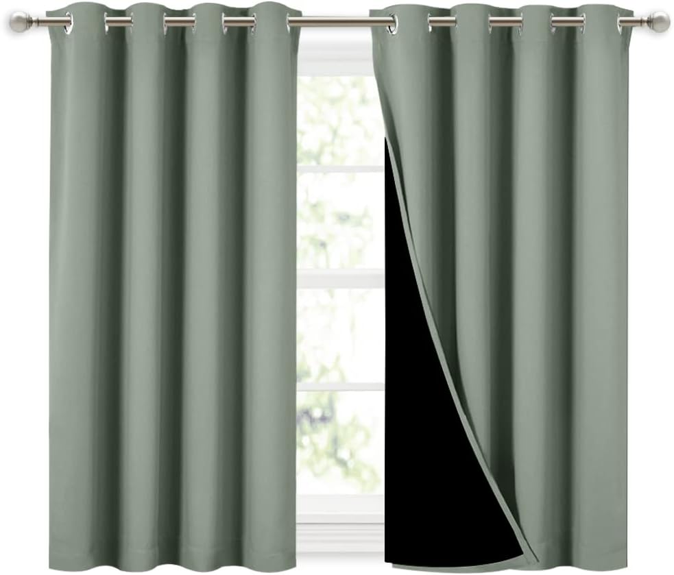 Nicetown Greyish Green 100% Blackout Curtains 45 inches Long, 2 Thick Layers Completely Blackout Window Treatment Thermal Insulated Lined D…