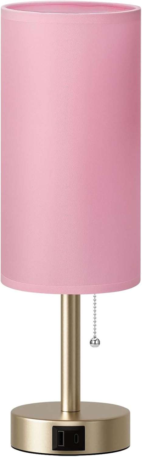 Dicoool Pink Bedside Table Lamp for Bedroom, Small Nightstand Lamp for Girls, 3 Color Temperatures & USB Charging Port, Cute Desk Lamp…