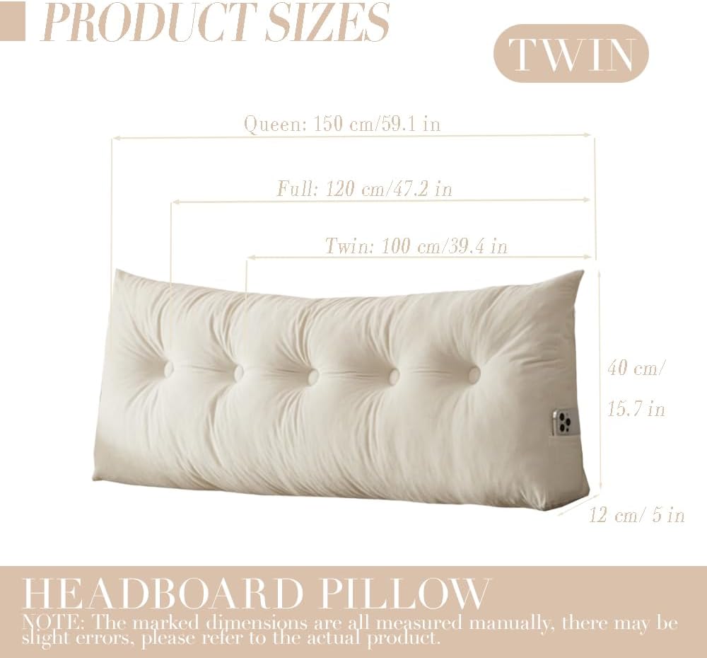 Triangular Wedge Headboard Pillows Twin XL Dorm Headboard Long Backrest Positioning Support Reading Bolster Pillow Side Pockets Wedge…