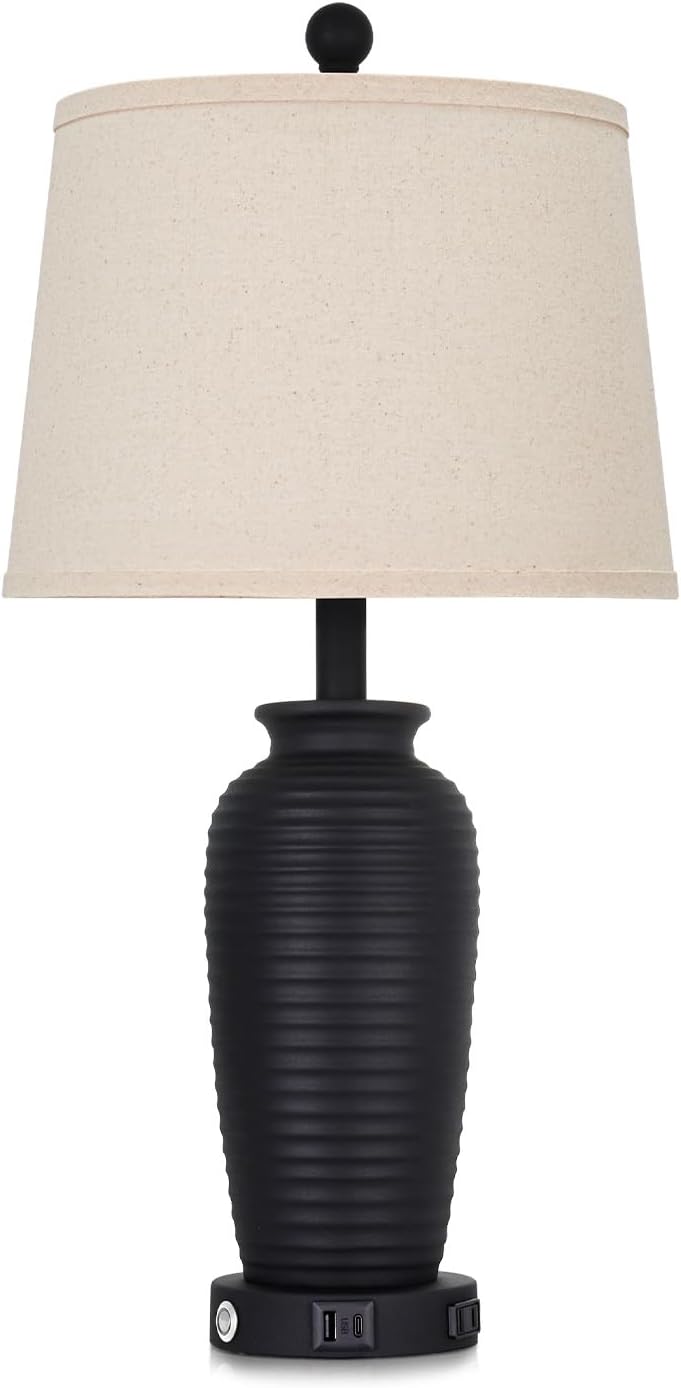 CINSARY 25" Retro Black Farmhouse Jar Table Lamps, 3 Way Touch Control Rustic Bedside Lamps with USB A+C Ports & AC Outlet, Pot…