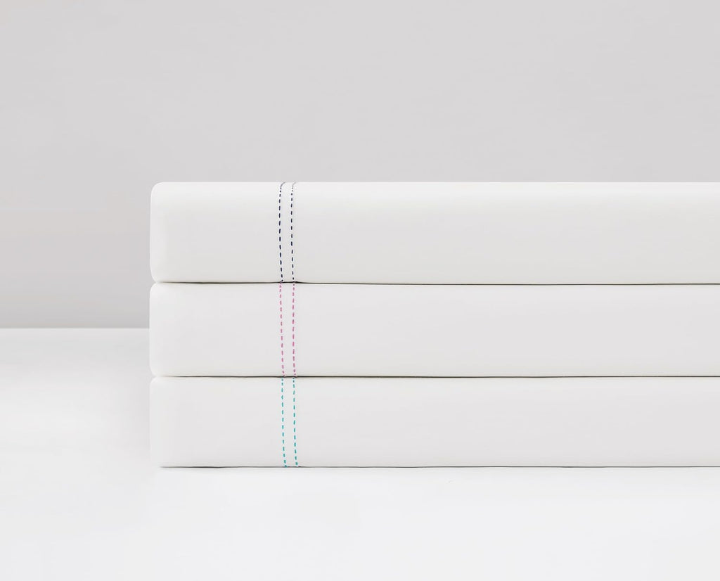 Scout 100% Cotton Percale Pick Stitch 2-Piece King Pillowcases in White/Seafoam, Solid Color, Oeko-TEX Certified Cotton White