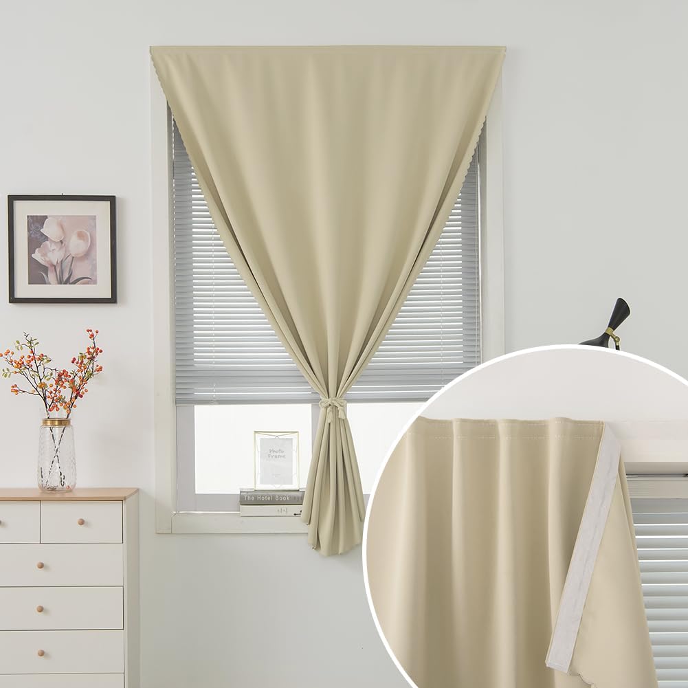 Instant Blackout Window Curtain with Reusable Adhesive, Thermal Insulated Fabric for RV Camper Small Windows, 71" W x 72" L, Beige, 1 Panel
