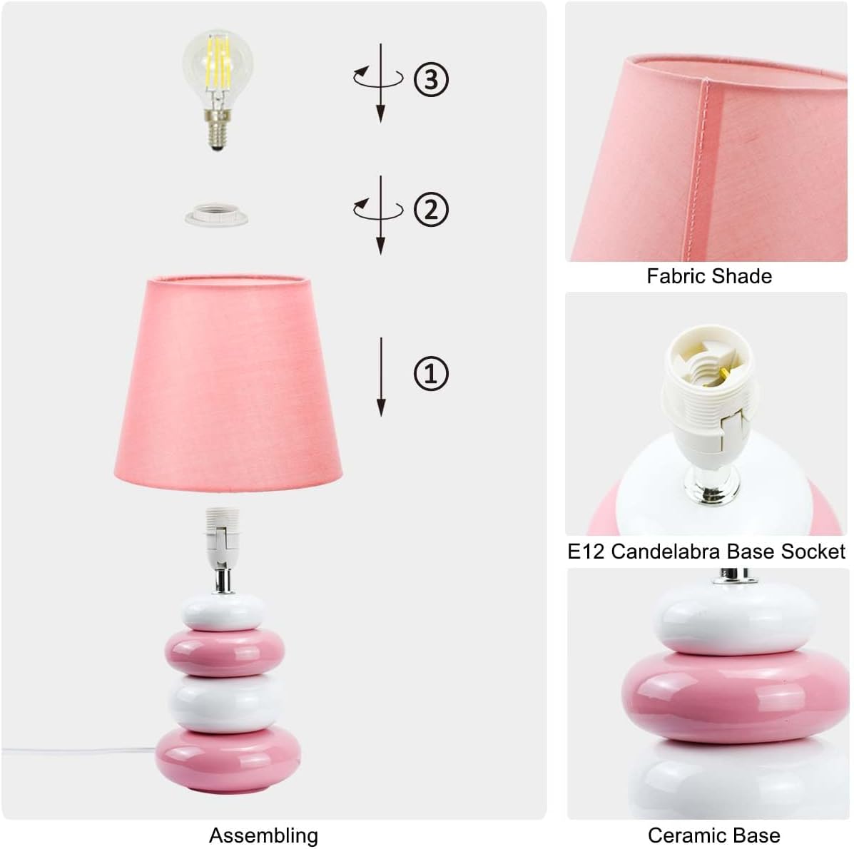 Ange Pink Small Table Lamp for Living Room as Bedside Table Lamp for Bedroom, Modern Ceramic Kids Night Table Lamp, Φ6.5×H12.44IN, Bulb…