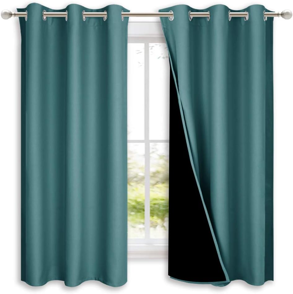 Nicetown 100% Blackout Short Curtains with Black Liners, 2 Panels, 37" W by 63" L, Sea Teal, Solid Thermal Insulated Full Blackout 2-Layer…