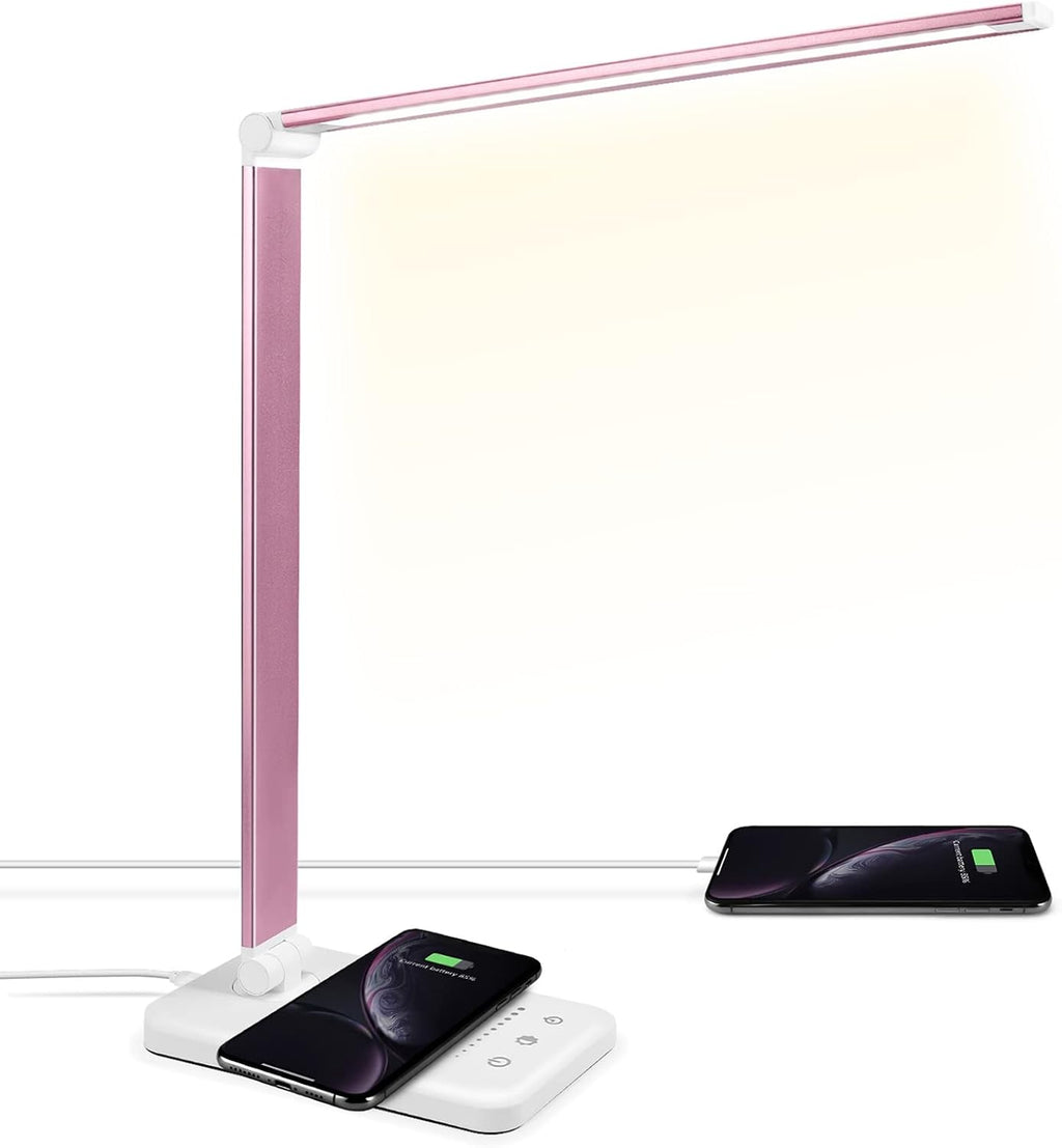 Jostic LED Desk Lamp with Wireless Charger, USB Charging Port, Desk Lighting with 10 Brightness, 5 Color Modes, Dimmable Eye Caring Reading…