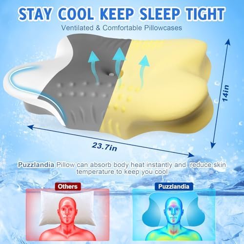 Puzzlandia Cervical Pillow for Neck Pain, Cooling Butterfly Pillow for Side Sleepers – Adjustable Orthopedic Contour Memory Foam Pillow, Cont…