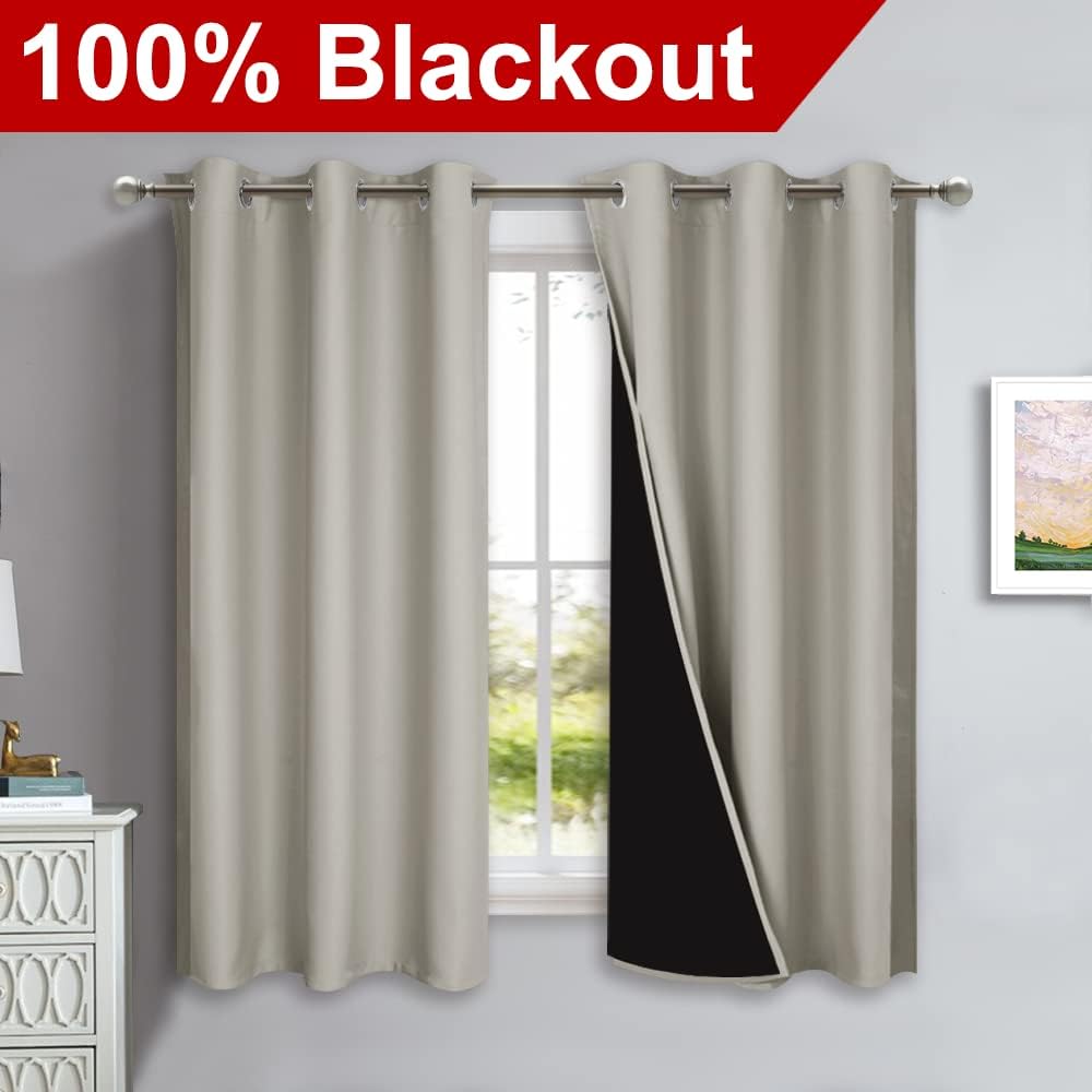 Nicetown Natural 100% Blackout Lined Curtains, 2 Thick Layers Completely Blackout Window Treatment Panels Thermal Insulated Drapes for Kitc…