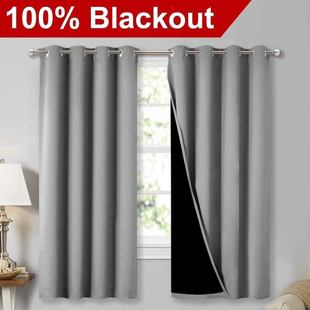 Nicetown 100% Blackout Curtains with Black Liners, Thermal Insulated Full Blackout 2-Layer Lined Drapes, Energy Efficiency Window Draperies…