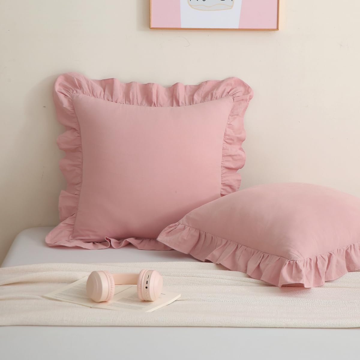 Silnuo 2 Pack Dusty Pink Ruffled Throw Pillow Covers Washed Cotton Farmhouse Decorative Pillowcases Bed Pillow Shams 20"x20" 2 Pack Cotton…