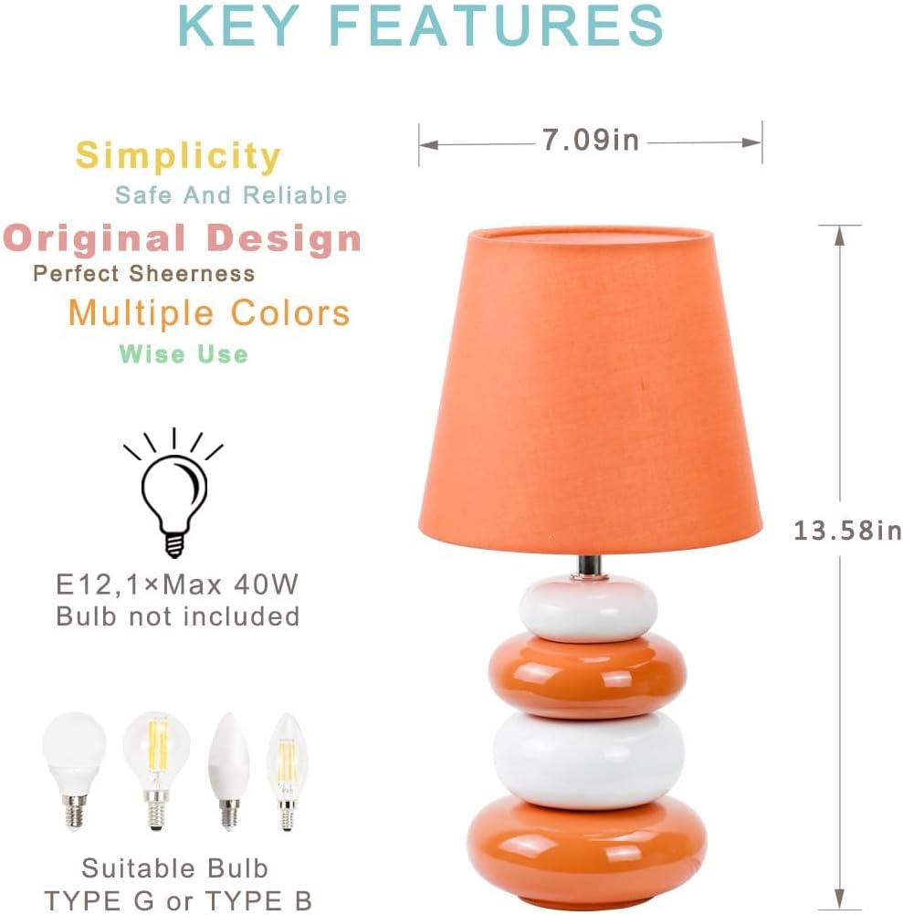 Ange Orange Small Table Lamp for Living Room as Bedside Table Lamp for Bedroom, Modern Ceramic Kids Night Table Lamp, Φ6.5×H12.44IN, Bulb…