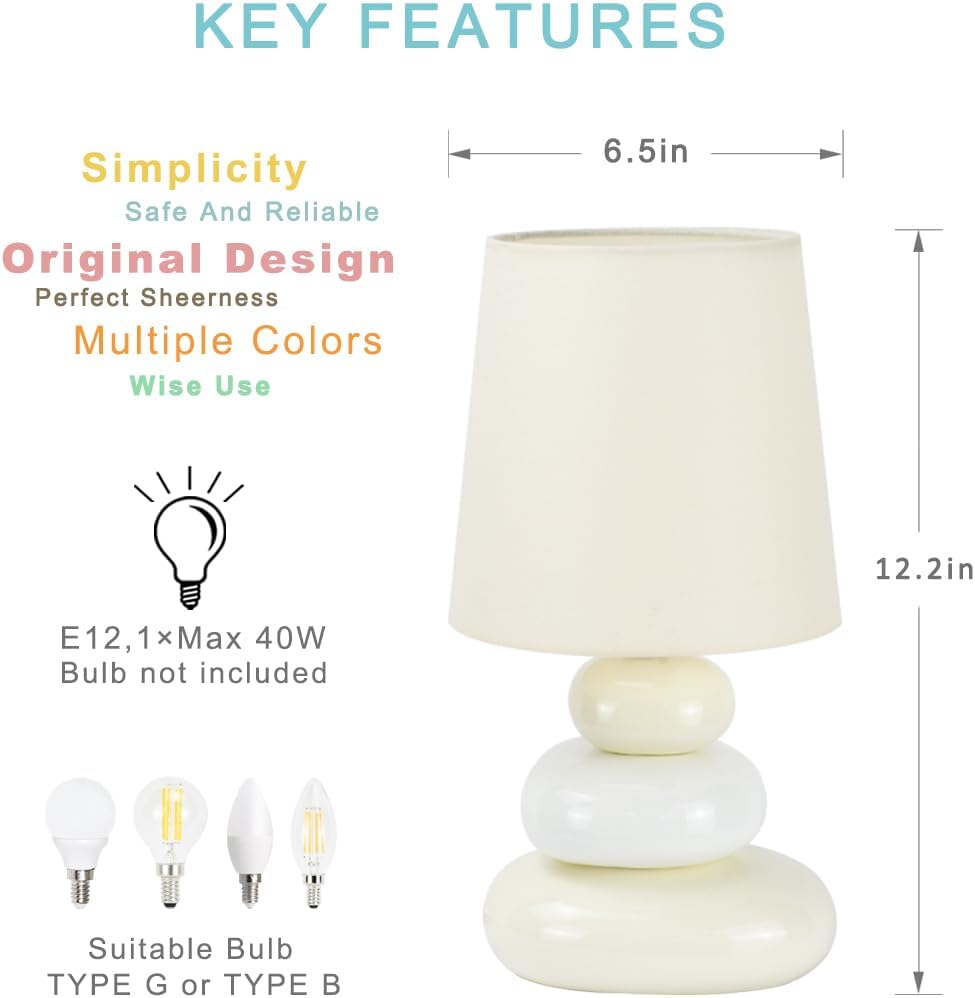 LULE Cream Small Table Lamp for Living Room as Bedside Table Lamp for Bedroom, Modern Ceramic Kids Night Table Lamp, Φ6.5×H12.2IN, Bulb…