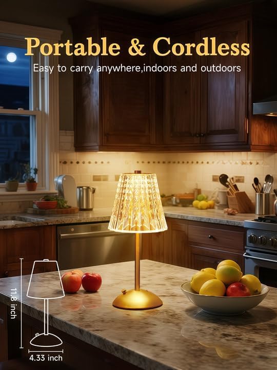 Crystal Cordless Lamp, Dimmable+3 Colors Rechargeable Lamp, Touch+2000mAh Battery Operated Vintage Ambient Light for…