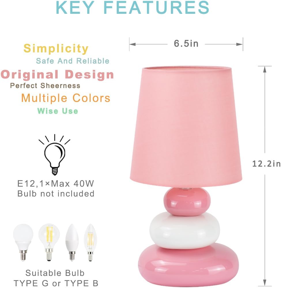 LULE Pink Small Table Lamp for Living Room as Bedside Table Lamp for Bedroom, Modern Ceramic Kids Night Table Lamp, Φ6.5×H12.2IN, Bulb Excluded