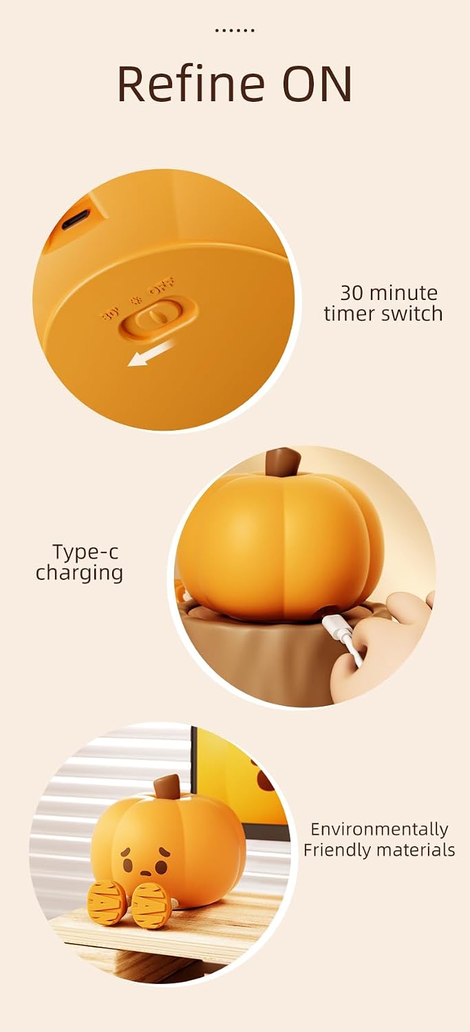 Atsuinightlight ATSUI Pumpkin Night Light, Halloween LED Squishy Novelty Lamp, Food Grade Silicone, Dimmable, Rechargeable Breastfeeding Nu…