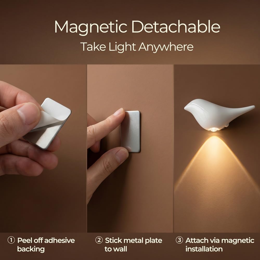 White Motion Sensor Night Light Indoor, Magnetic Wall Lamp, Rechargeable LED Bird Lamp, Wireless Stick On Light with Warm Soft Glow, Auto…