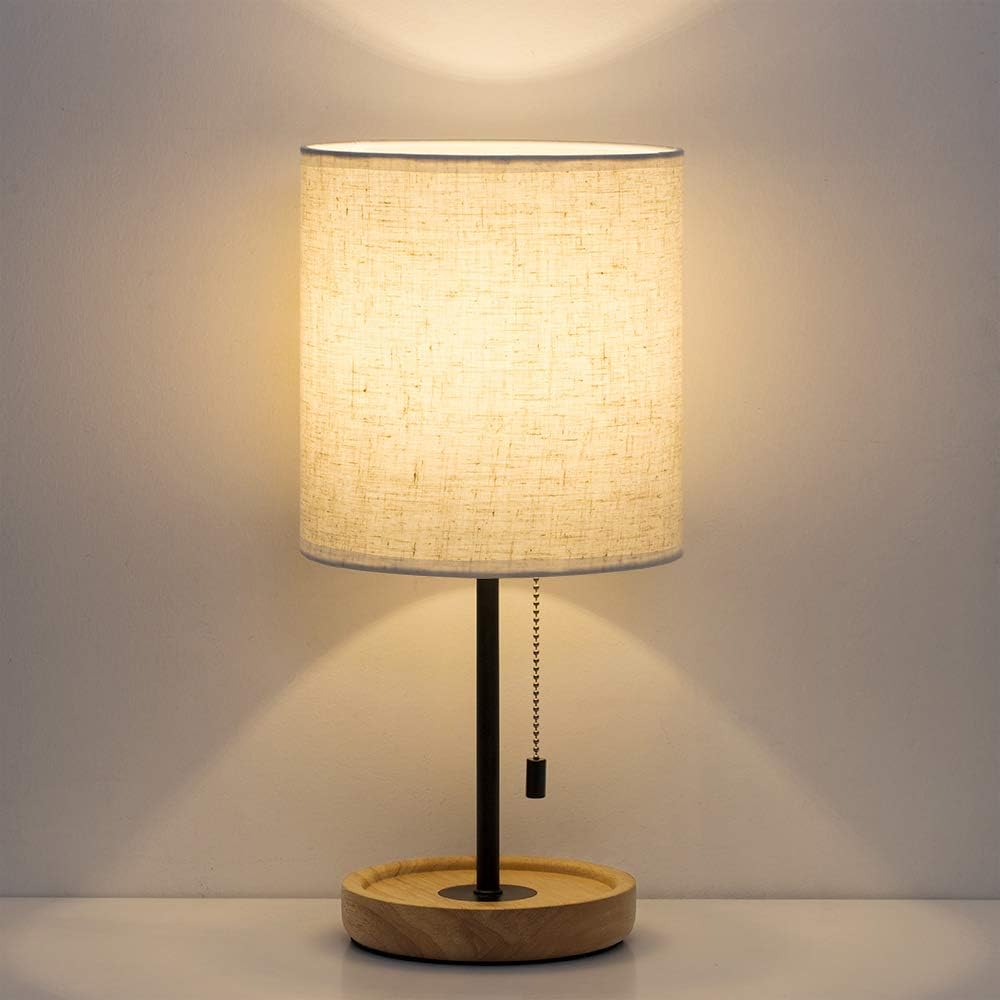 HAITRAL Bedside Table Lamp - Modern Nightstand Lamp with Linen Fabric Shade Wooden Desk Lamps for Bedrooms, Office, College Dorm, Dinning…